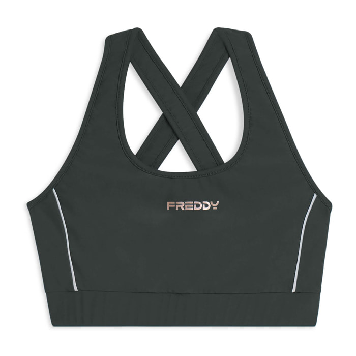 Top tecnico con spalline incrociate e profili bianchi