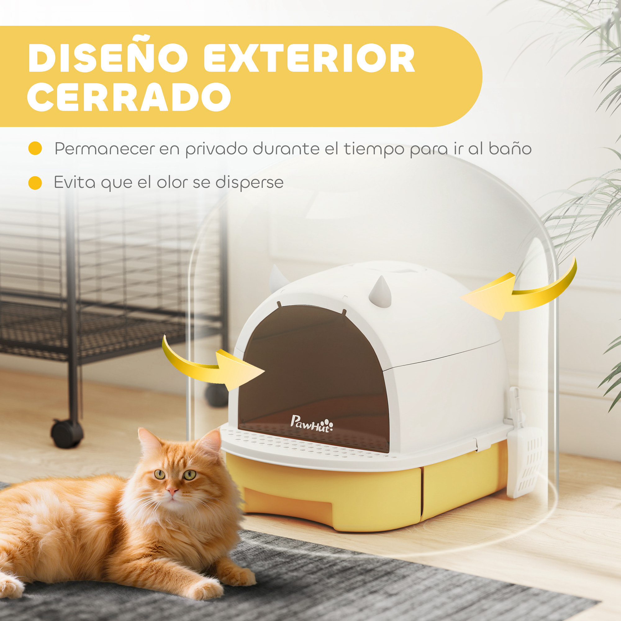 Arenero para Gatos Cubierto Caja de Arena para Gatos Arenero Cerrado con Tapa Removible Bandeja Extraíble Filtro de Carbono Pala y Asa Superior 40,5x52x39 cm Amarillo y Blanco