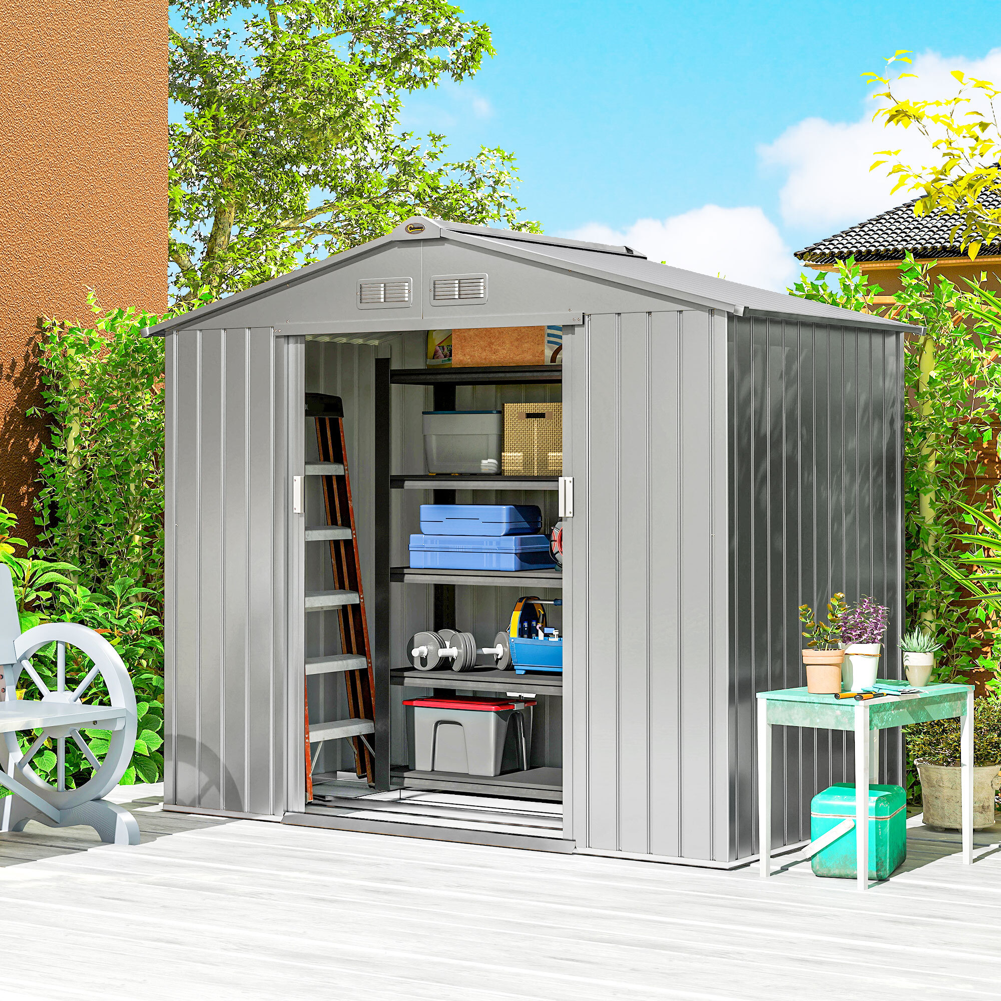 Abri de jardin cabanon porte verrouillable - dim. 213L x 130l x 185H cm - tôle d'acier gris alu