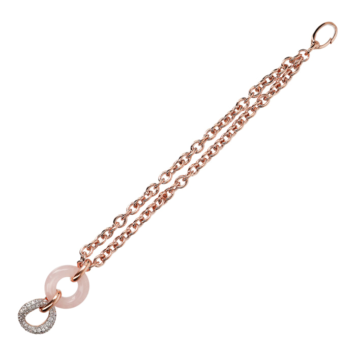 Bracciale Multifilo Catena Rolo con Doppio Cerchio in Pietra Naturale Quarzo Rosa e Cubic Zirconia