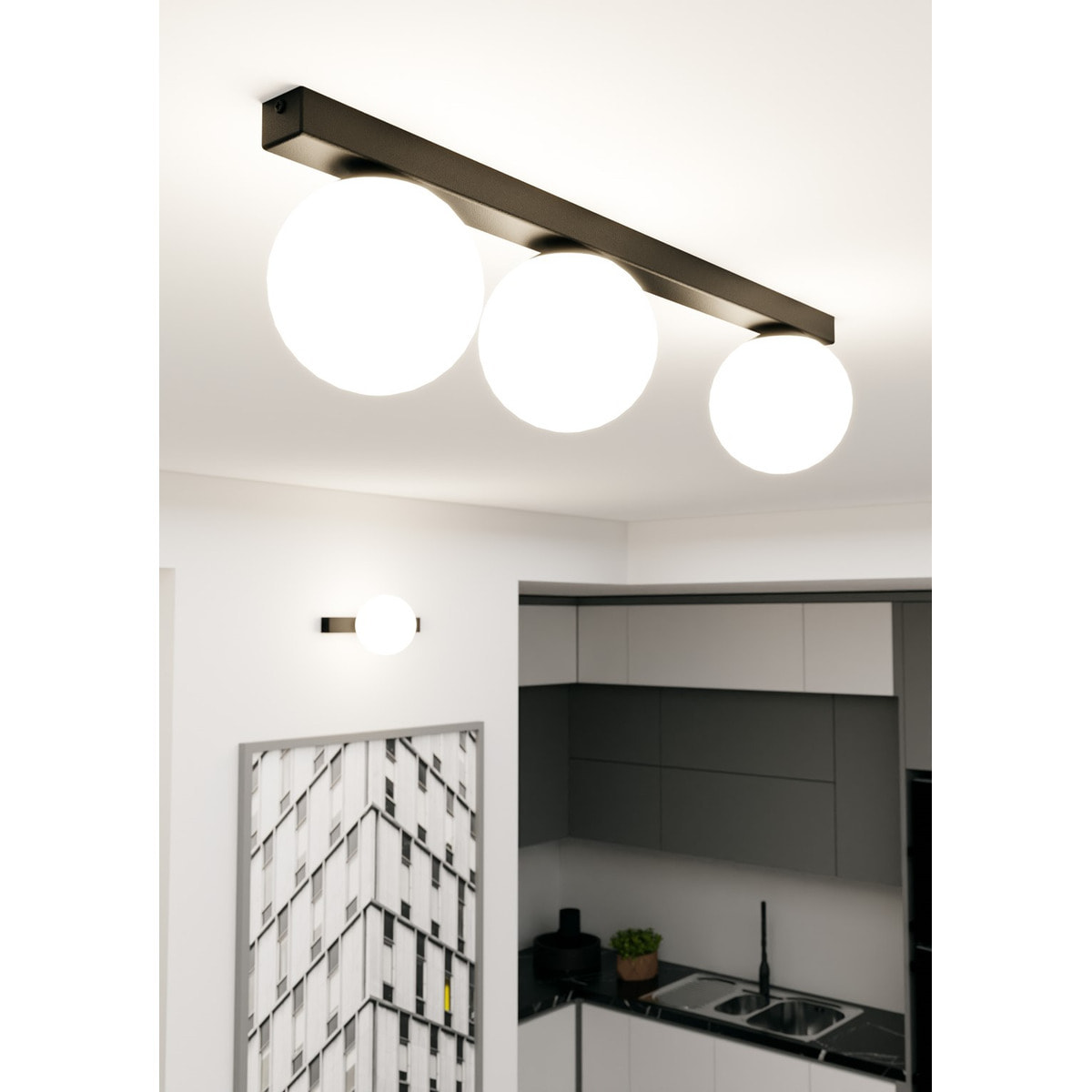 Lampada da soffitto FIT in acciaio nero opaco e vetro opalino