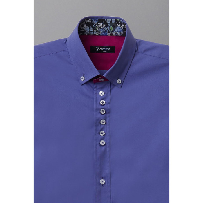 Camicia Uomo 1 Bottoni Button Down Slim Popeline Stretch Unito Celeste Cadetto