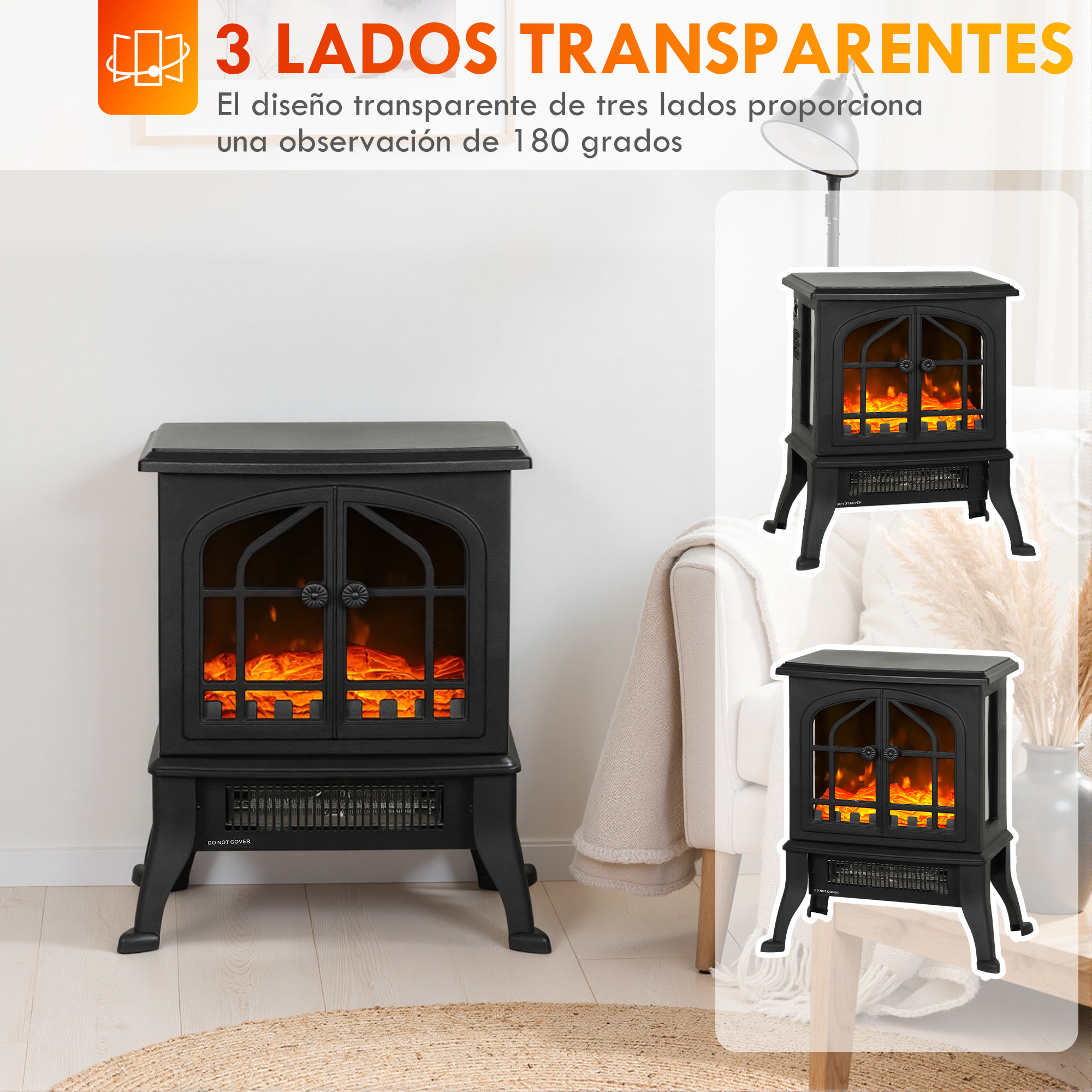 Chimenea Eléctrica de Pie, Chimenea Decorativa, 900/1800W, Efecto Llama 3D, 2 Niveles de Potencia, Termostato Ajustable, Ventanas Visibles, para 15-30 ㎡, Negro