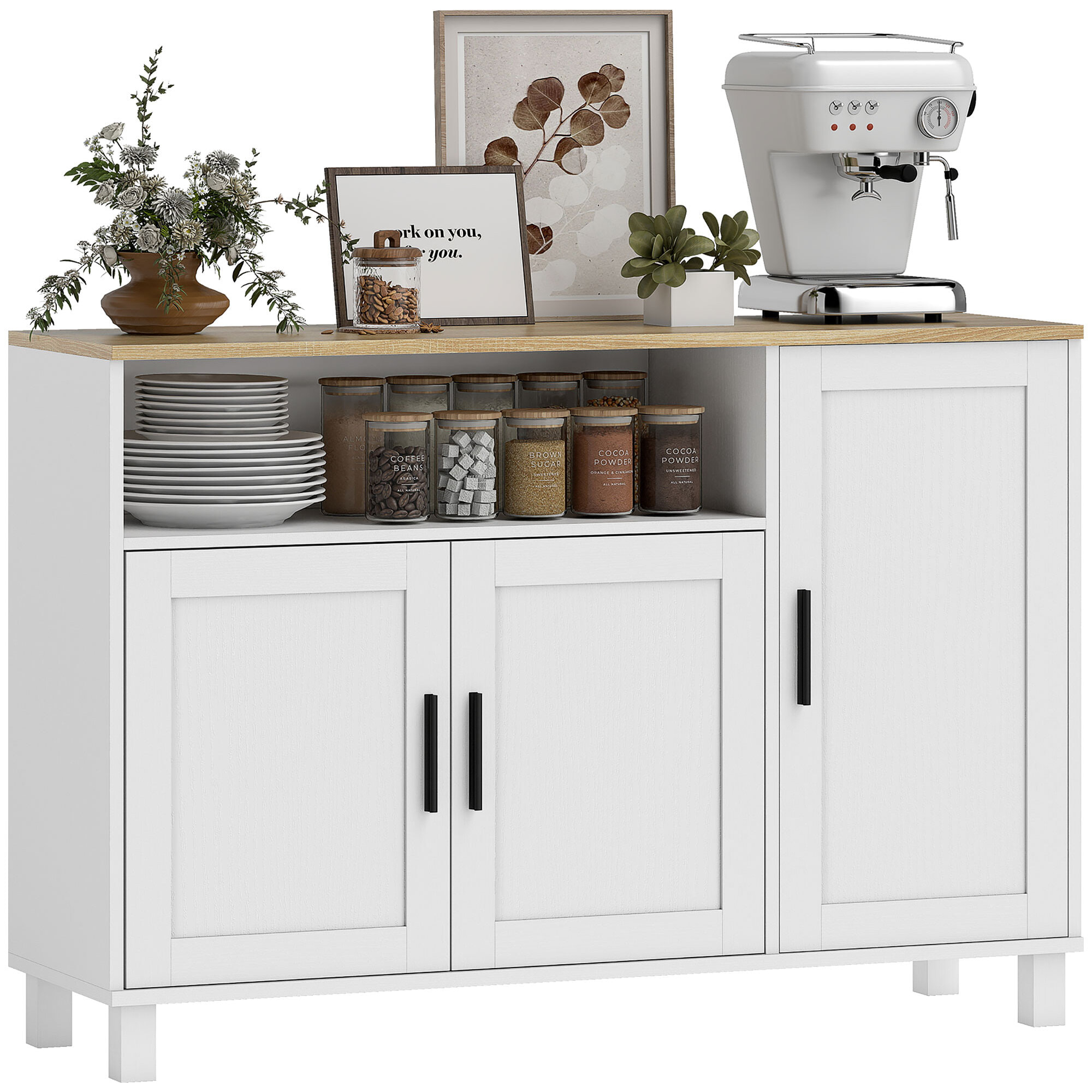 Aparador de 3 Puertas de Cierre Suave, Aparador de Salón con Estantes Ajustables, Compartimento Abierto, Patas de Madera, para Cocina, Entrada, Dormitorio, Blanco, 110x33x75 cm