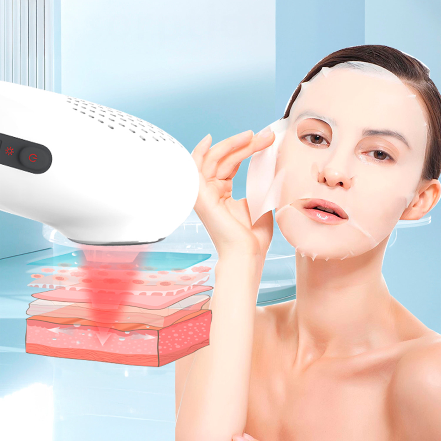 Dispositivo de terapia 3 en 1: calor, frío y vibración para cuidar, relajar y revitalizar tu piel.