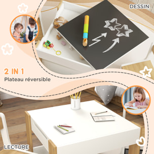 Ensemble 3 pièces table 2 chaises enfant - plateau table réversible tableau noir - rangement - étagères
