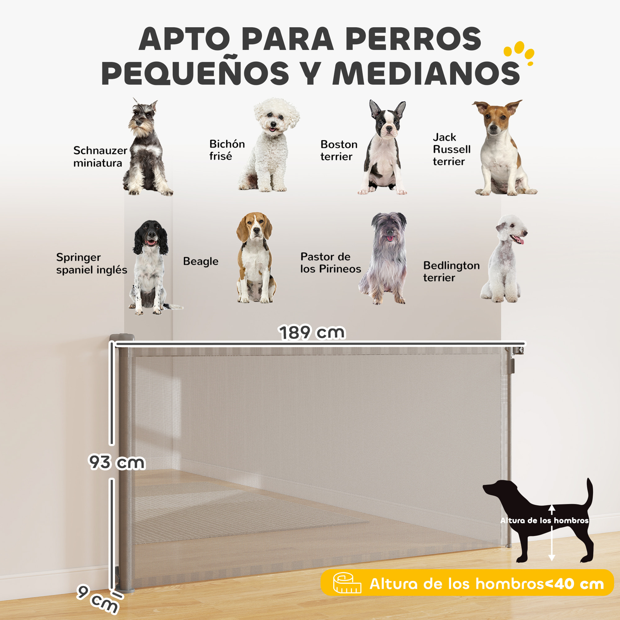 Barrera de Seguridad para Perros Retráctil, Extensible hasta 180 cm de Ancho y 93 cm de Alto, para Escaleras y Puertas, Valla para Perros Pequeños y Medianos, Uso con Una Sola Mano, Gris
