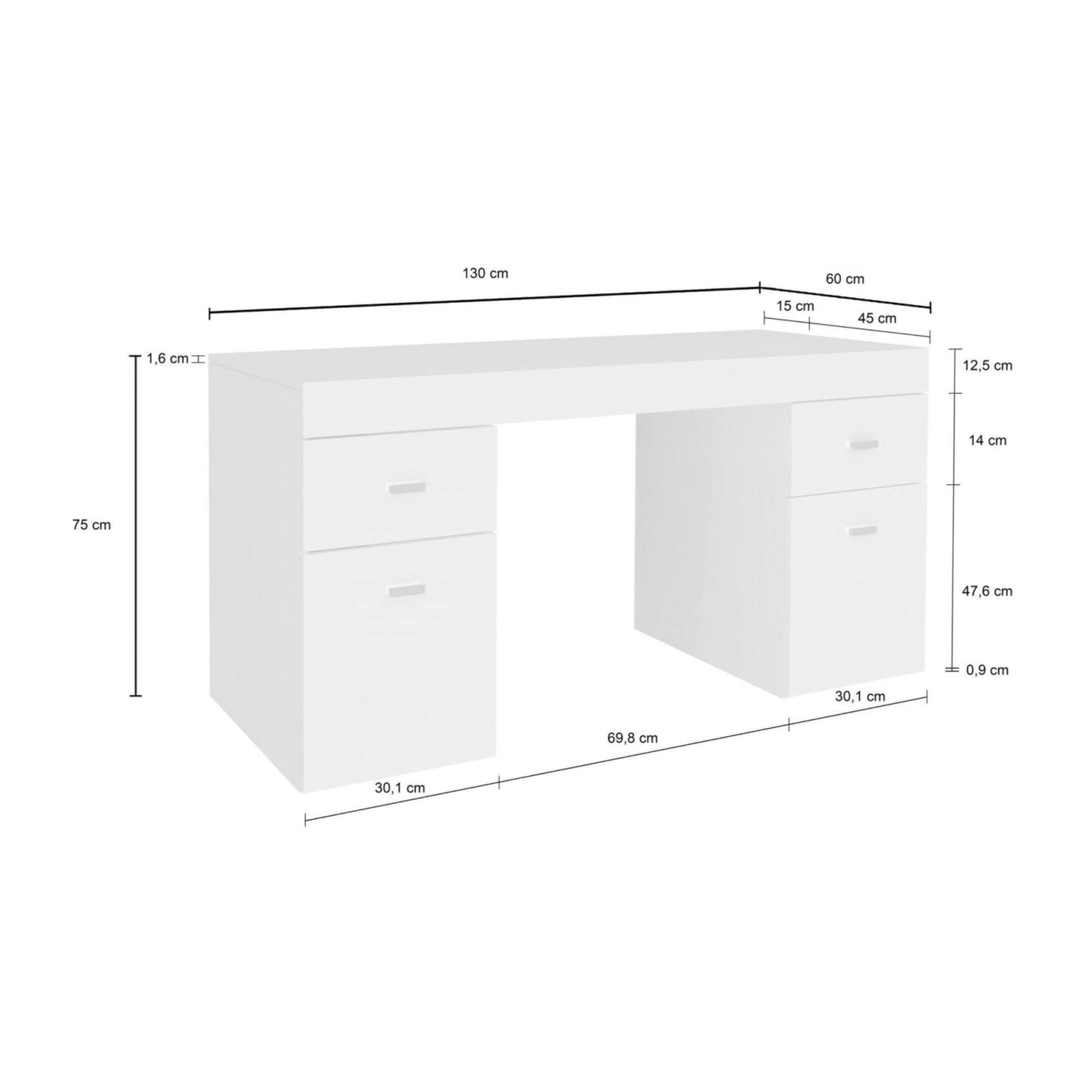 Scrivania per ufficio con cassettiera e piano contenitore, Made in Italy, Tavolo minimal, Scrittoio porta PC, cm 130x60h75, colore Bianco lucido