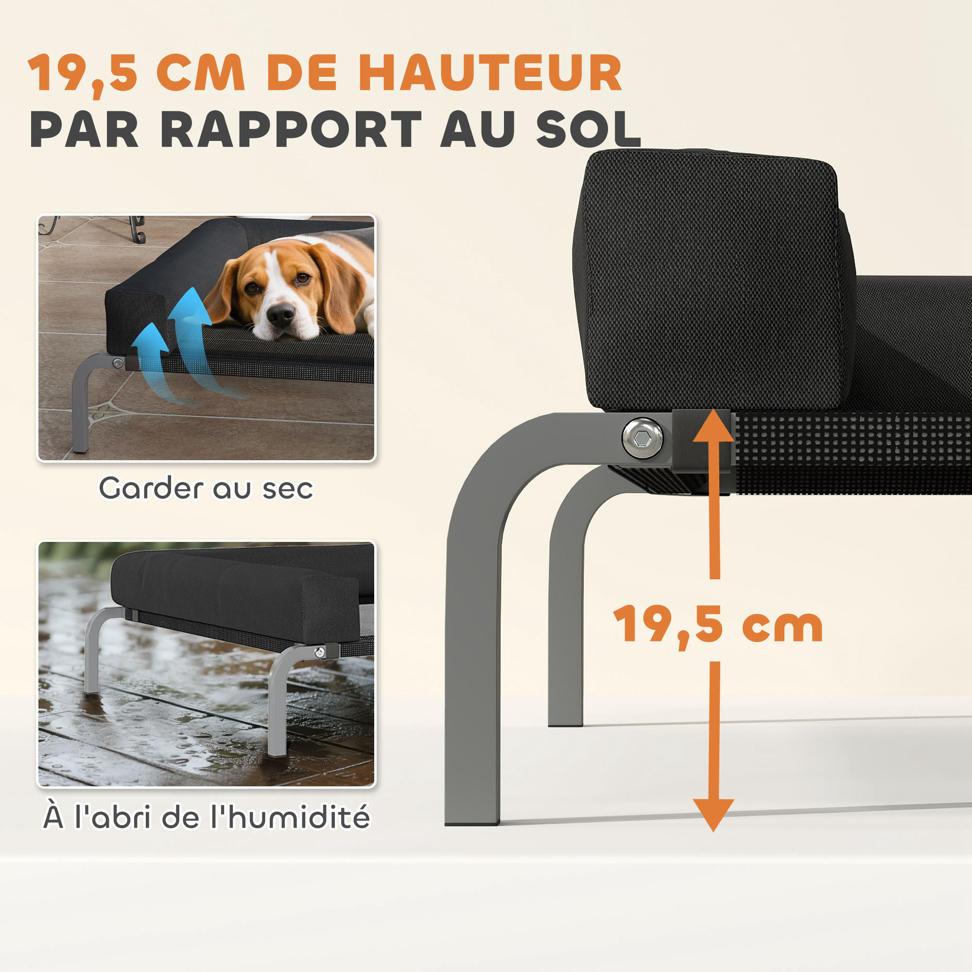 Transat pour animaux - lit pour chien - lit à pieds pour chien avec contour coussin dim. 110 x 75 x 30 cm - noir