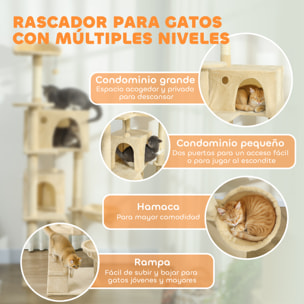 Árbol Rascador para Gatos, Árbol para Gatos 180 cm, Torre Escalador con Múltiples Plataformas, Cama, 2 Cuevas, Hamaca, Escalera, Postes de Sisal, Bolas para Jugar, Beige