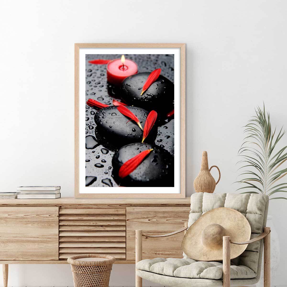 Poster zen petales rouges Affiche + cadre en bois - Chêne