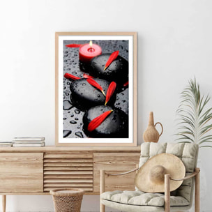 Poster zen petales rouges Affiche + cadre en bois - Chêne