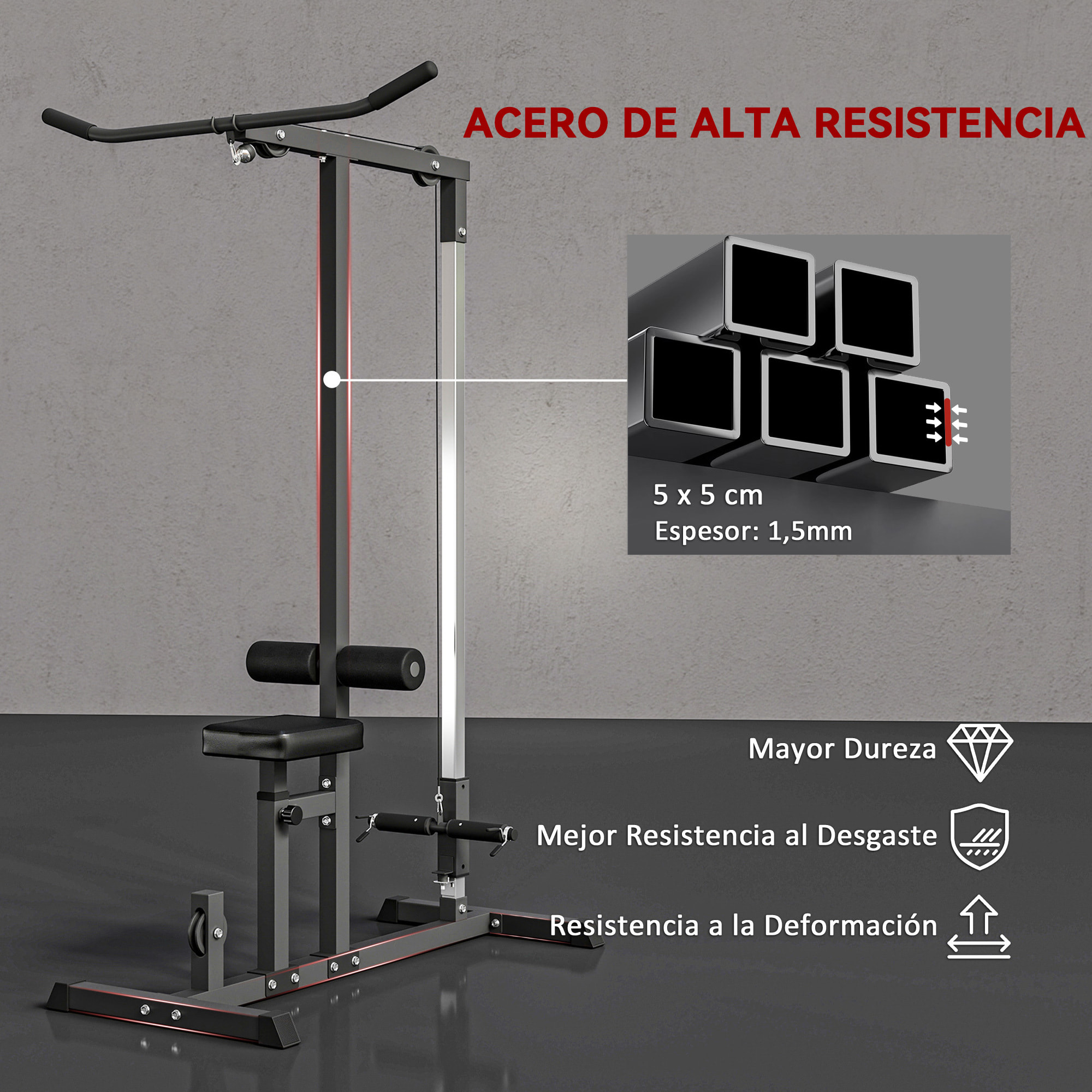Máquina de Musculación Estación de Entrenamiento para Jalón al Pecho con Polea y Asiento Regulable para Entrenamiento en Gimnasio Hogar Oficina Carga Máx. 100 kg 107x120x190 cm Negro
