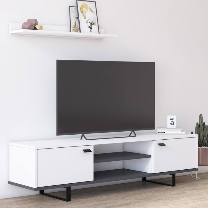 Mobile da soggiorno porta TV con due ante e due ripiani, cm 150 x 35 x 44, colore bianco e antracite