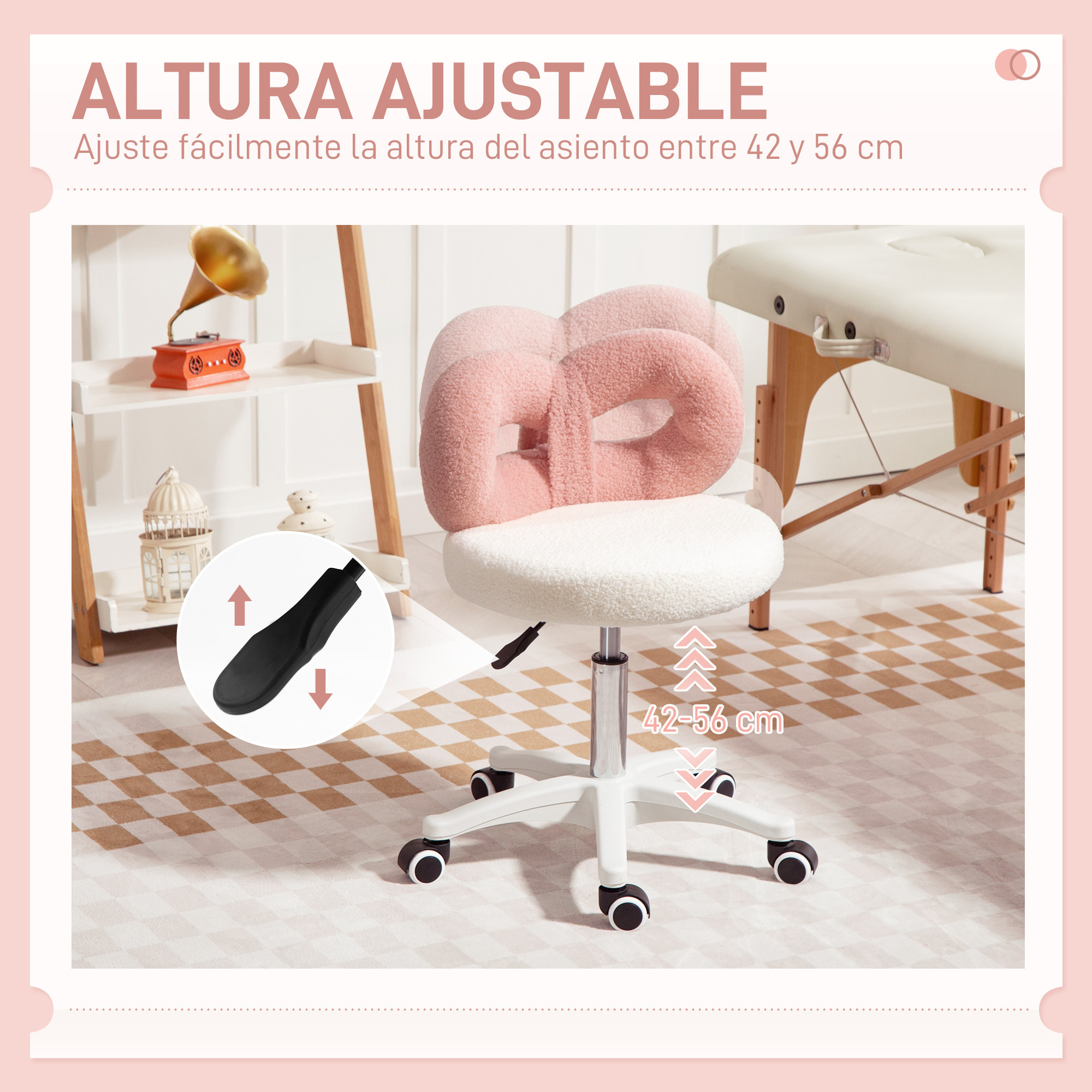 Taburete Giratorio con Respaldo Taburete con Ruedas Altura Regulable 63-77 cm Tapizado en Tejido de Borreguito para Salones Talleres Spa Masaje Blanco y Rosa