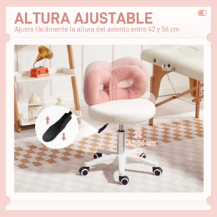 Taburete Giratorio con Respaldo Taburete con Ruedas Altura Regulable 63-77 cm Tapizado en Tejido de Borreguito para Salones Talleres Spa Masaje Blanco y Rosa