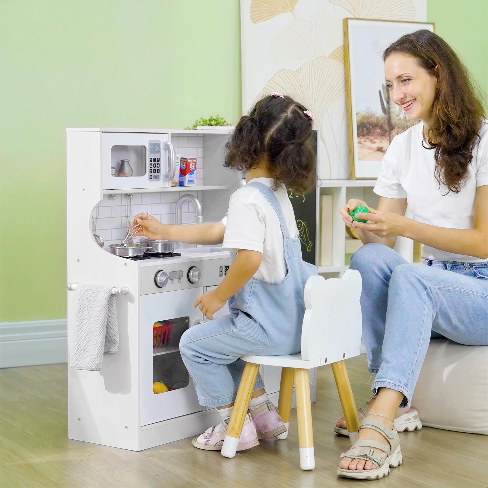 Cocina de Juguete Cocina para Niños de +3 Años Cocinita Infantil de Madera con Accesorios para Cocinar Pizarra Máquina de Hielo y Teléfono 83,8x26,8x81 cm Blanco