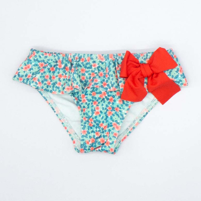 CULETÍN DE FLORES CORAL CON VOLANTE Y LAZO