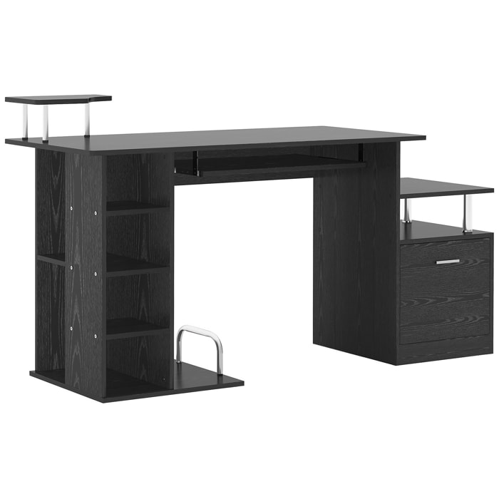Mesa de Ordenador Mesa de Escritorio con 6 Estantes Cajón Bandeja de Teclado y Soportes para Monitor Impresora para Oficina Estudio 152x60x88 cm Negro