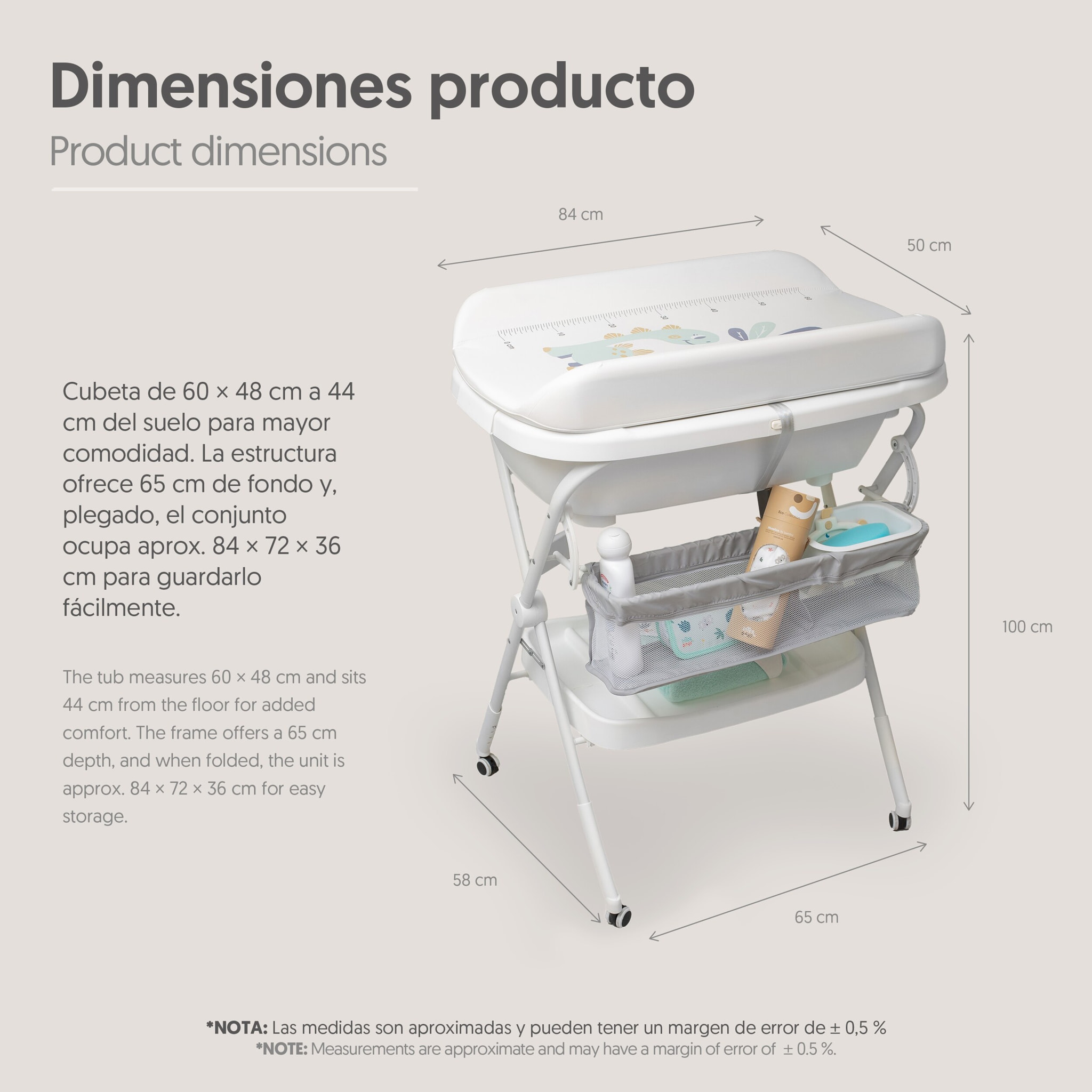 Bañera Bebe Plegable con Cambiador y Hamaca, modelo Dino