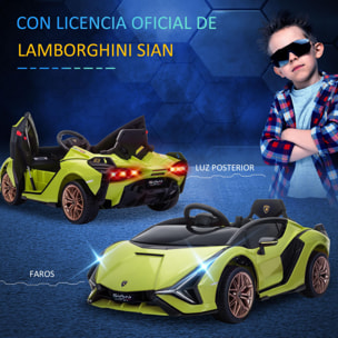 Coche Eléctrico Lamborghini SIAN 12V para Niños de +3 Años con Mando a Distancia Apertura de Puerta Música MP3 USB y Faros 3-5 km/h 108x62x40 cm Verde