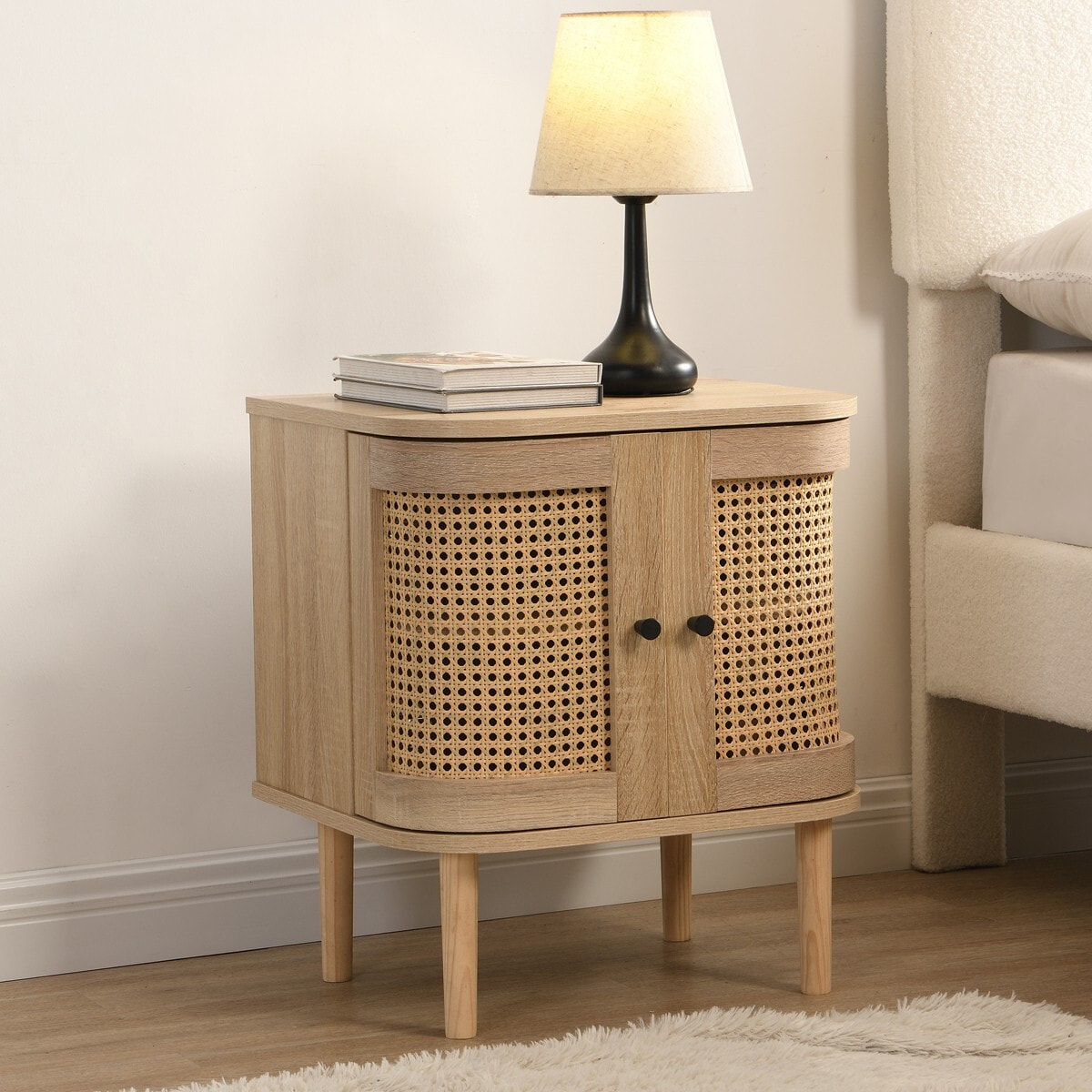 Table de chevet 2 portes effet chêne et cannage - BALI
