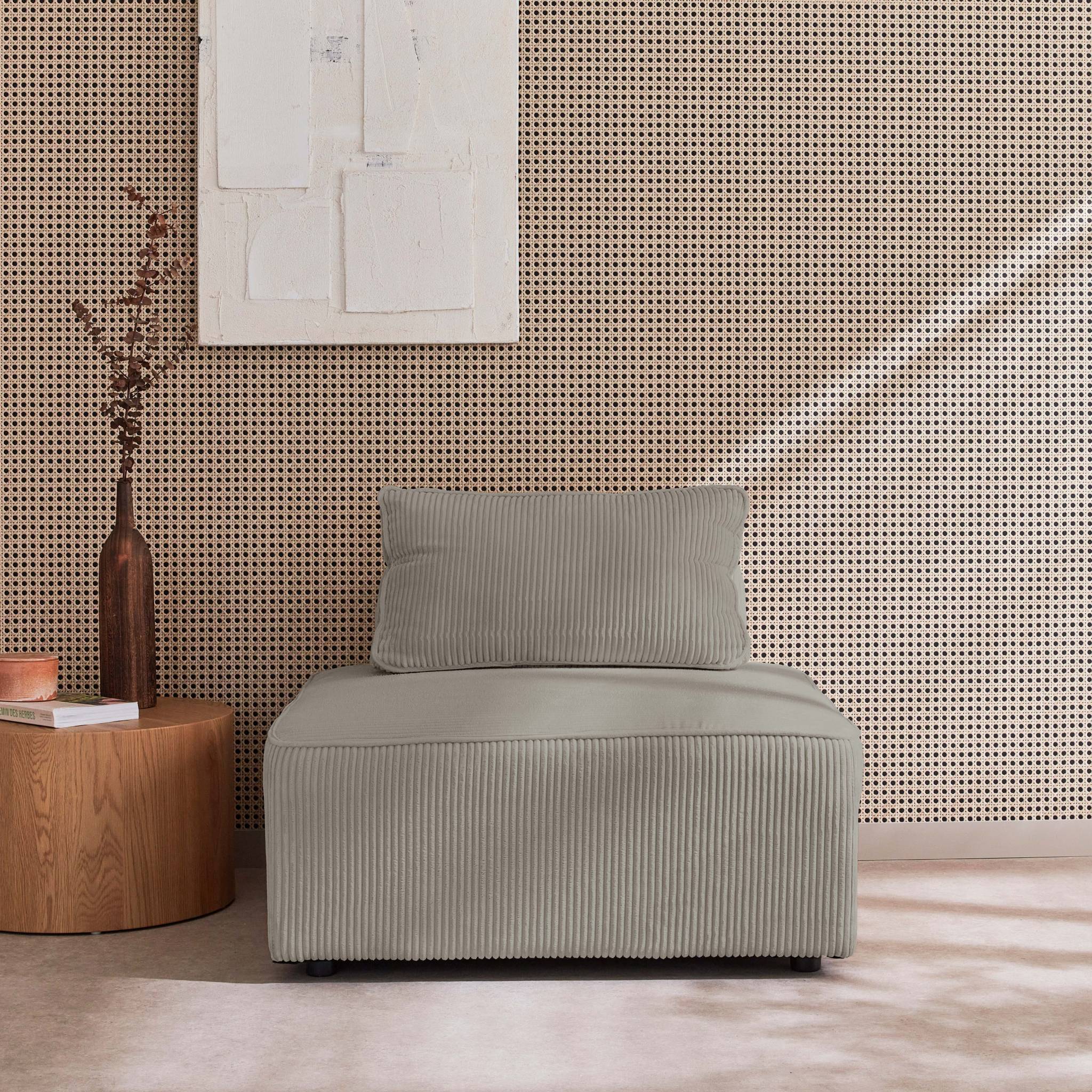 Chauffeuse  pour canapé modulable velours côtelé gris clair avec un coussin