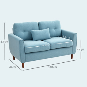 Sofá de 2 Plazas, Tapizado en Lino, Sofá de Salón Moderno con Reposabrazos, Patas de Madera, Cojín Decorativo con Funda Lavable, para Dormitorio, Oficina, 140x78x83 cm, Azul Claro