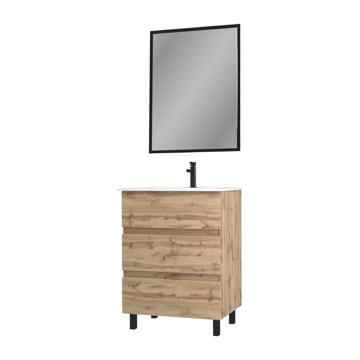 Meuble salle de bain 60 x 80 - Finition chene naturel + vasque blanche + miroir - TIMBER 60 - Pack15