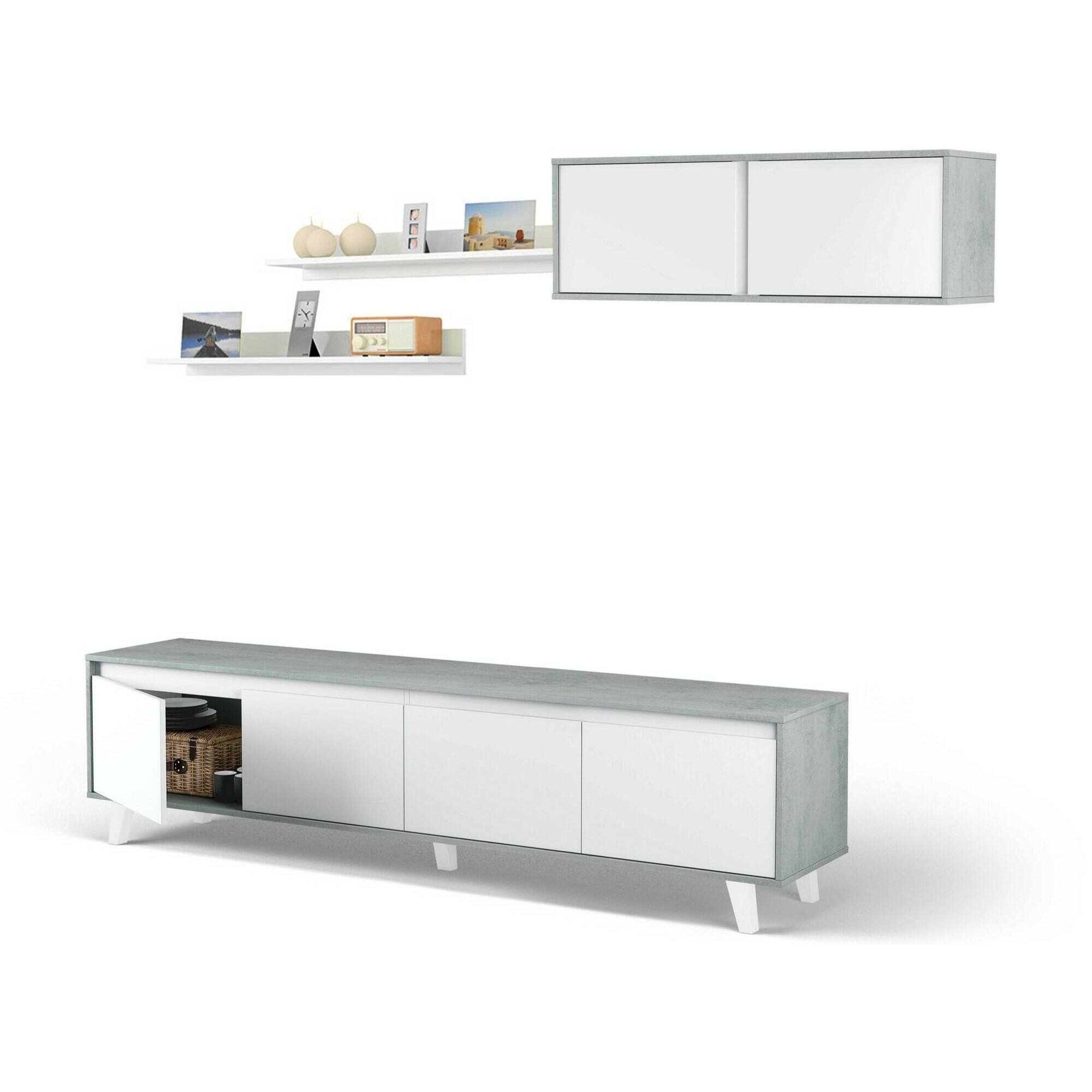 Parete attrezzata Kaya, Set da soggiorno, Mobile salotto multiuso, Parete attrezzata moderna, 200x41h50 cm, Cemento e Bianco lucido