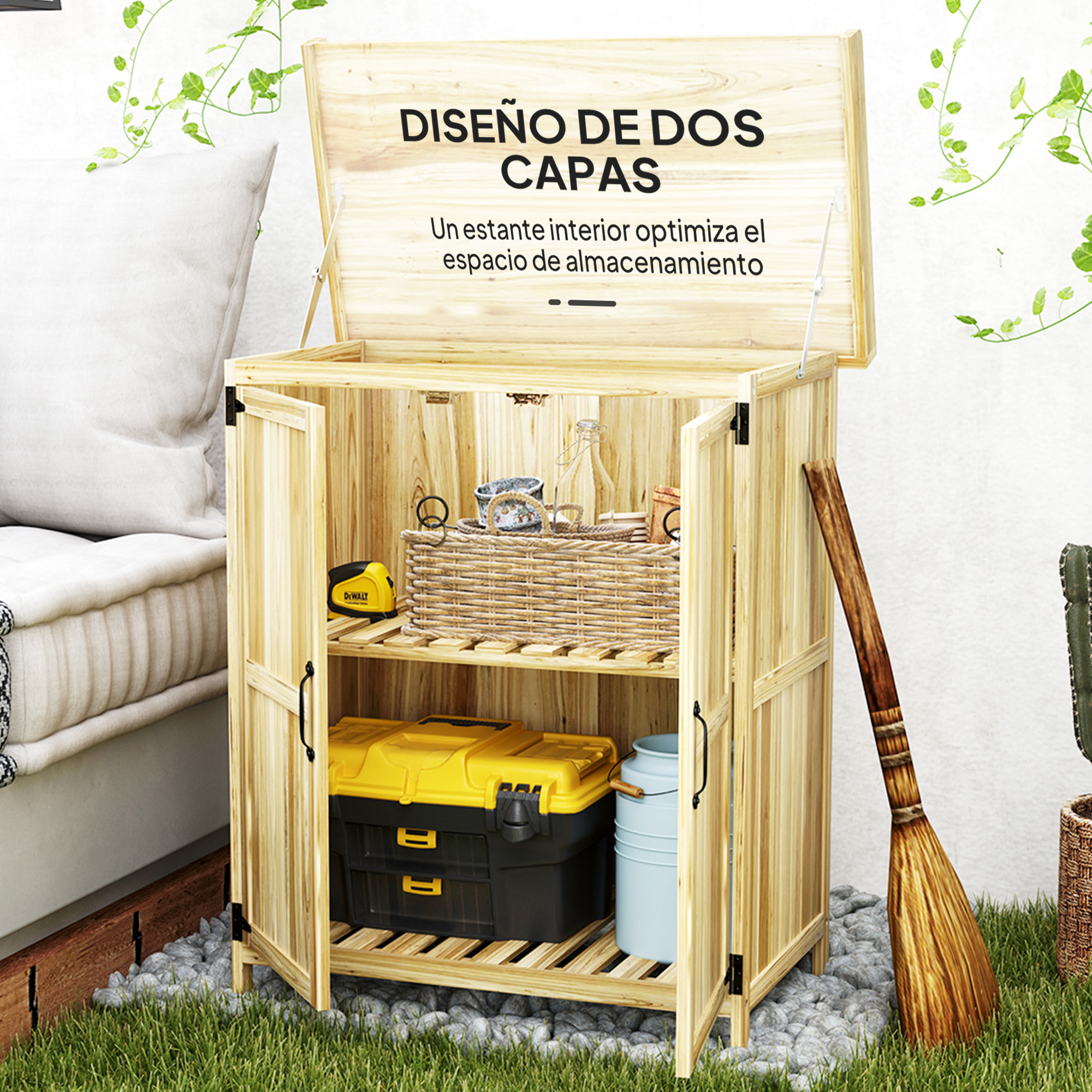 Outsunny Armario de Exterior de Madera, Caseta de Jardín Exterior con Techo Abatible de Acero Inoxidable, Estante, 2 Puertas, Cobertizo de Jardín para Almacenamiento Herramientas, 74x43x88 cm, Natural