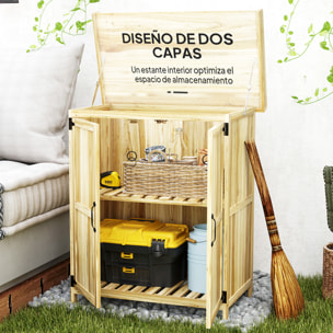 Outsunny Armario de Exterior de Madera, Caseta de Jardín Exterior con Techo Abatible de Acero Inoxidable, Estante, 2 Puertas, Cobertizo de Jardín para Almacenamiento Herramientas, 74x43x88 cm, Natural