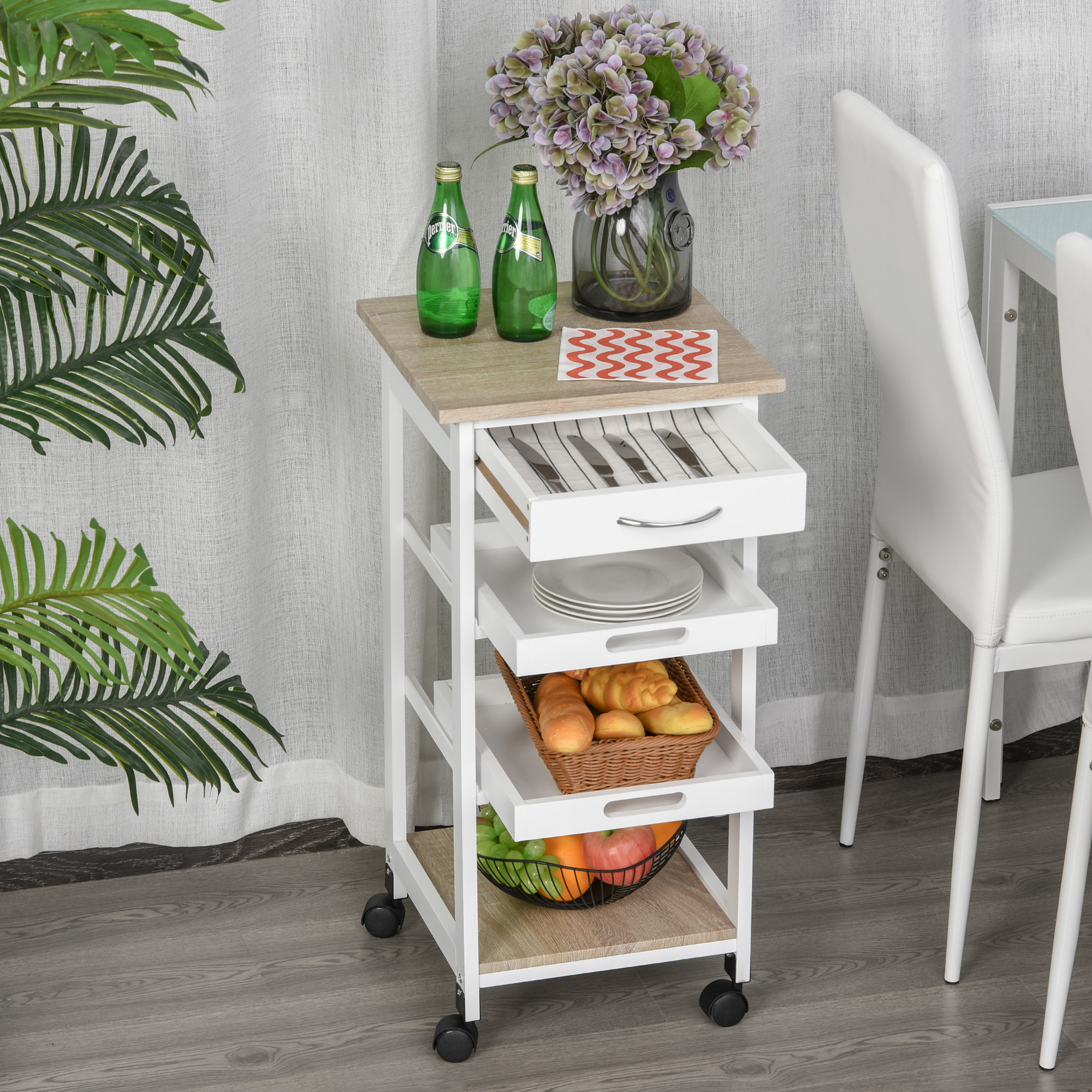 Chariot de service desserte de cuisine à roulettes 2 plateaux amovibles, tiroir, étagère MDF chêne clair bois pin blanc
