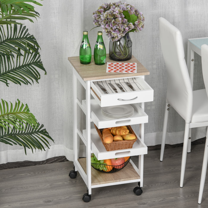 Chariot de service desserte de cuisine à roulettes 2 plateaux amovibles, tiroir, étagère MDF chêne clair bois pin blanc