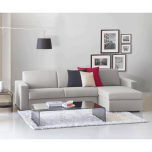 Divano fisso Debora, Divano ad angolo, 100% Made in Italy, Sofà Soggiorno, con Penisola contenitore reversibile, in tessuto imbottito, con Braccioli slim, Cm 260x95h90, Grigio