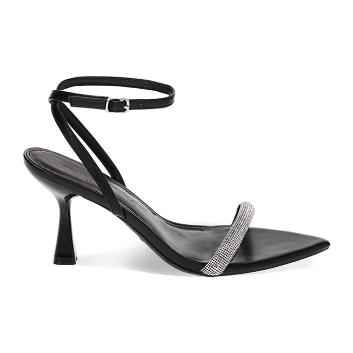 Sandali neri con pietre, tacco 8 cm