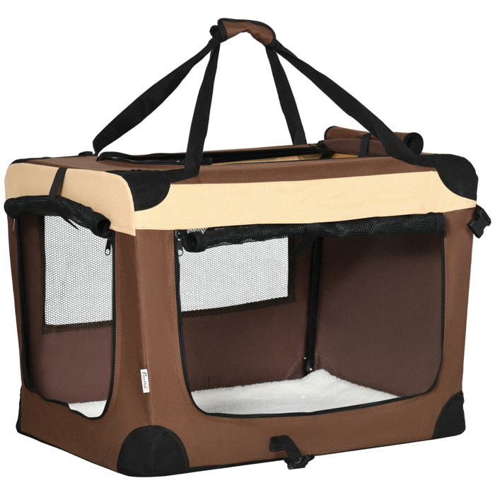 Sac de transport pour chien et chat pliable - poignée, 3 entrées zippées, poche - coussin amovible inclus - acier oxford polyester marron noir