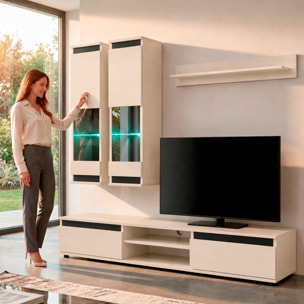 Parete Attrezzata Soggiorno Mobile Tv Vetrine Led Mensola Moderno Living Arredo Contenitore Vani Giorno Resistente 175x 150x 37 Cm Cashmere E Nero