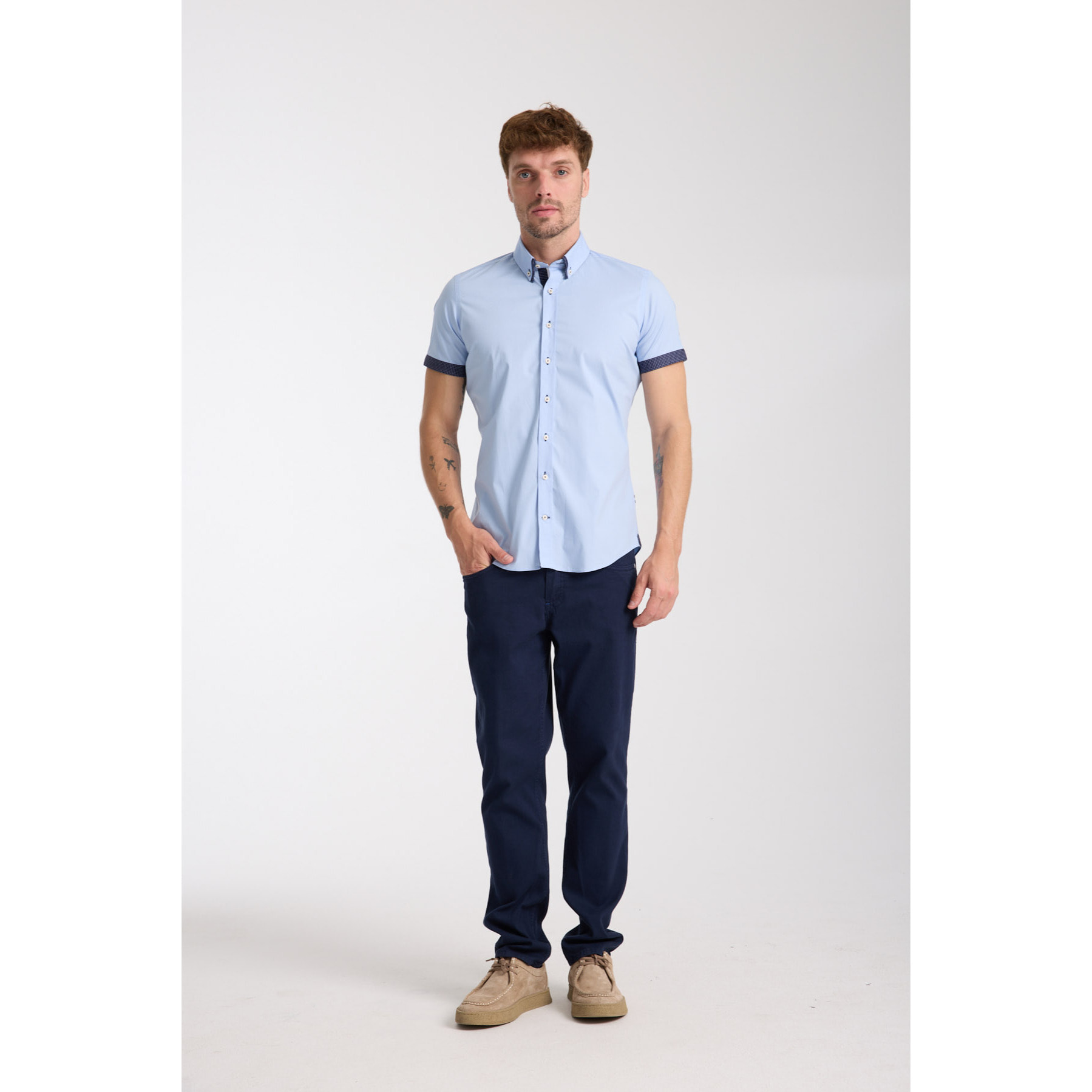 camicia uomo slim 1 bottone button down doppio collo Popeline Stretch Unito Celeste