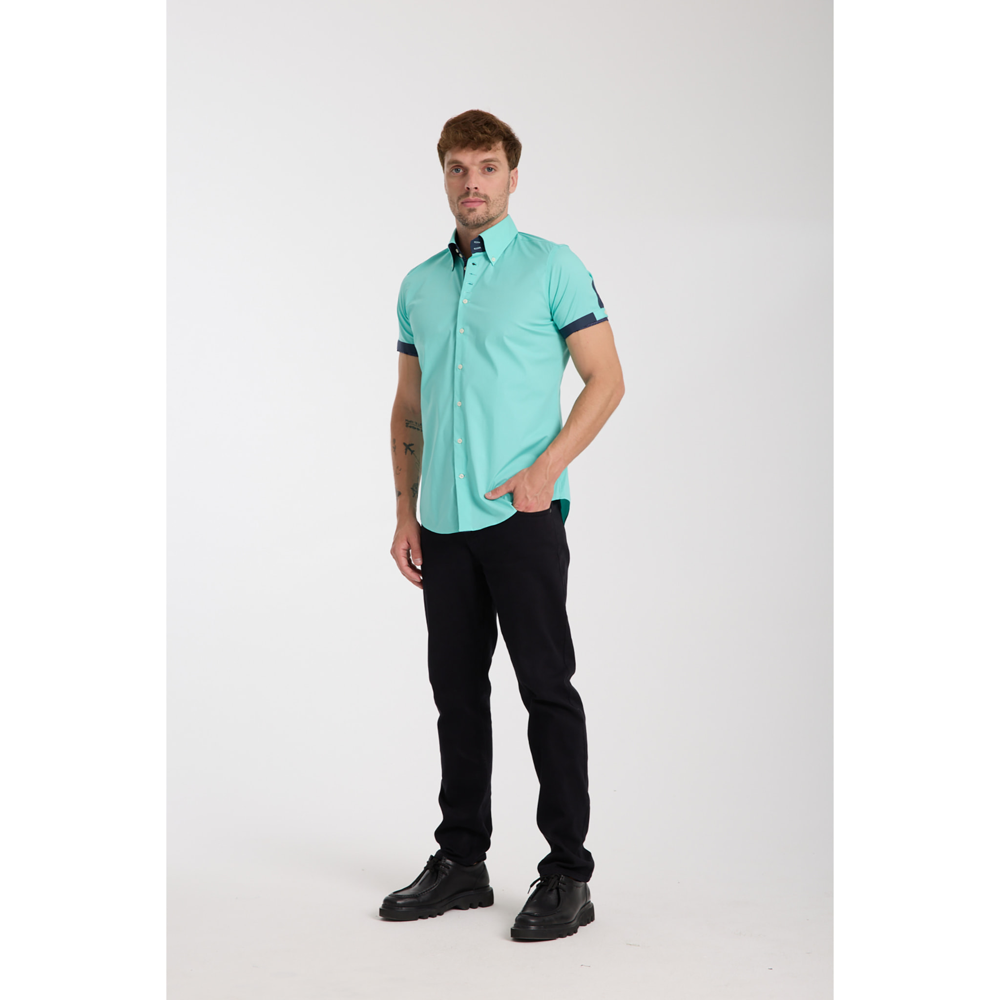 Camicia Uomo Manica Corta 2 Bottoni Button Down 7 Botto Popeline Stretch Unito Verde Acqua