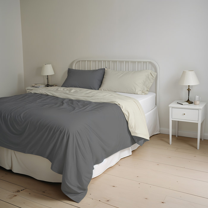 PARURE COPRIPIUMINO NATURAL COLOR, 100% Cotone, Made in Italy - FUMO/PANNA