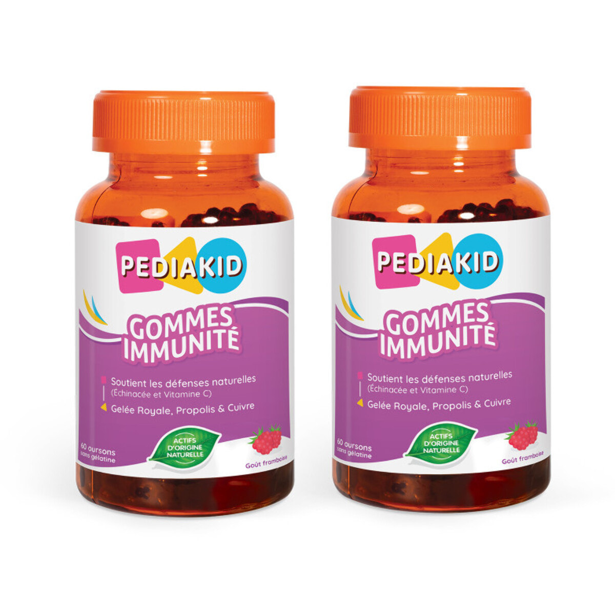 PEDIAKID - Gommes Immunité - Formule Naturelle au Délicieux Arôme de Framboise - Contribue au Fonctionnement Normal du Système Immunitaire - Soutient les Défenses de l'Organisme - Lot de 2 piluliers