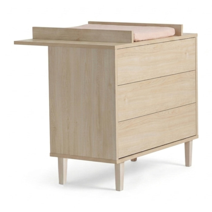 Commode à langer 3 tiroirs sur pieds - décor bois hêtre cendré