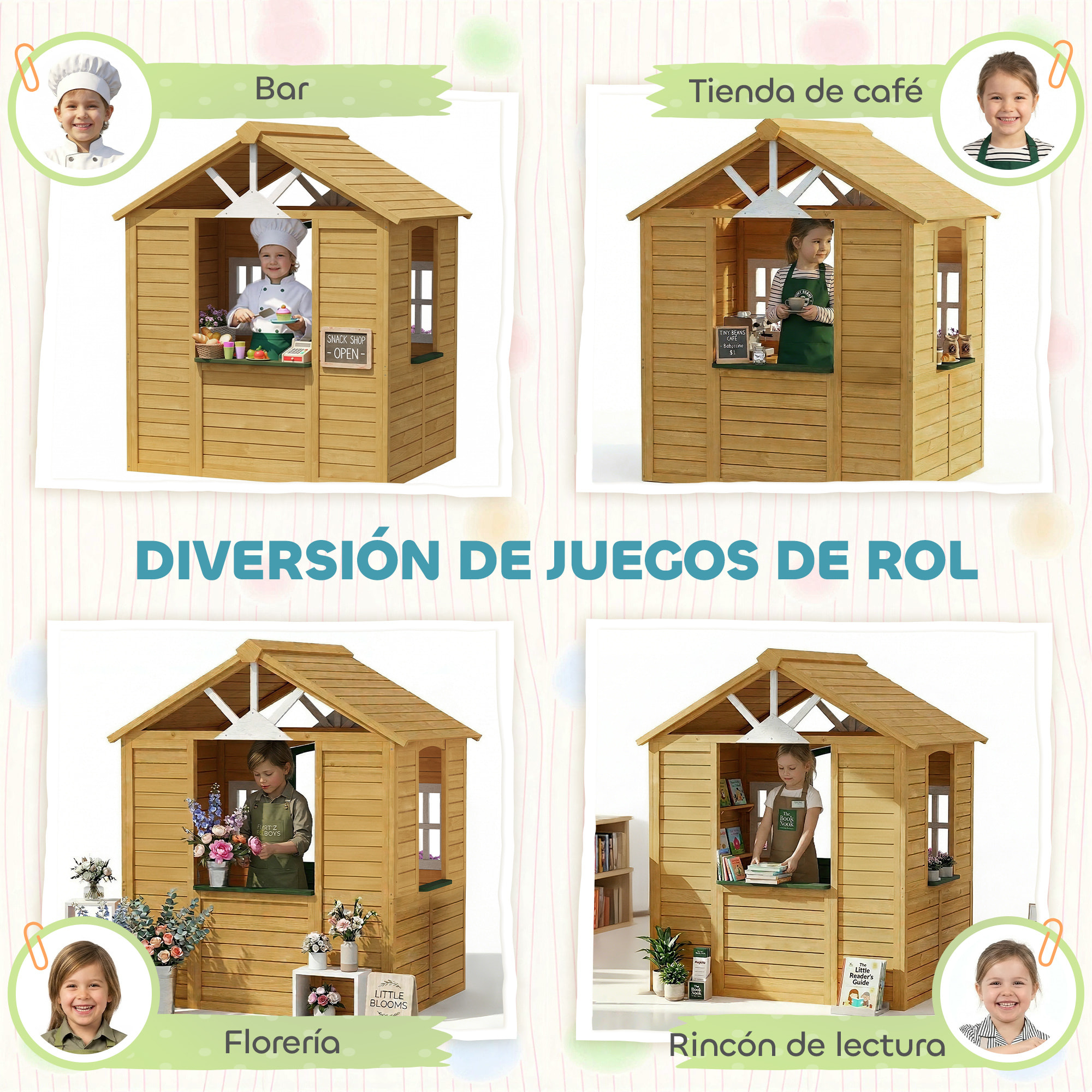 Casita Infantil Exterior e Interior de Madera, Casita Infantil con 2 Maceteros, 3 Ventanas, Media Puerta, Casa de Jardín para Niños de 3-8 Años, Marrón