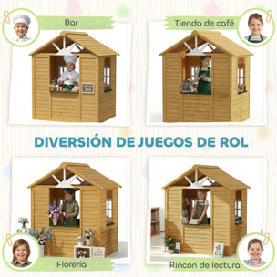 Casita Infantil Exterior e Interior de Madera, Casita Infantil con 2 Maceteros, 3 Ventanas, Media Puerta, Casa de Jardín para Niños de 3-8 Años, Marrón