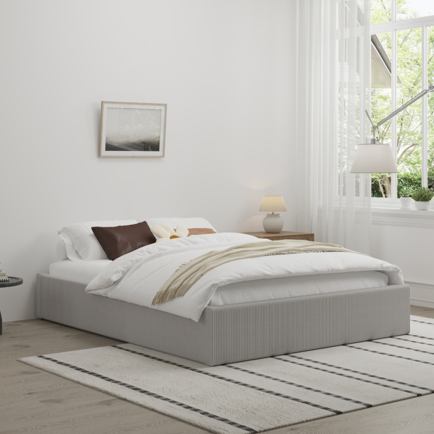 ABATE Lit avec coffre de rangement 140x190cm velours côtelé gris