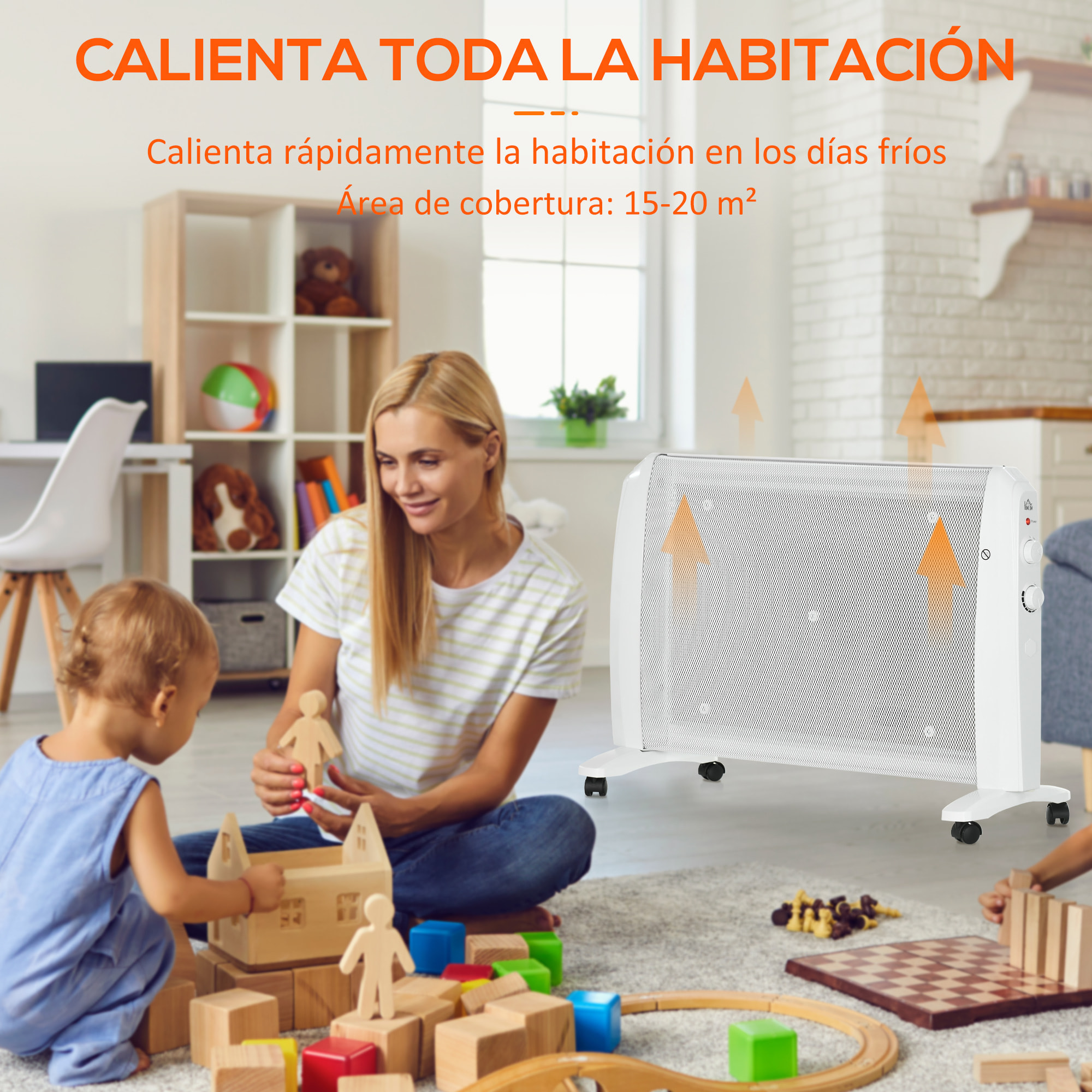 Calefactor Eléctrico 1000W/2000W Radiador de Mica con 4 Ruedas 79x27x54cm Blanco