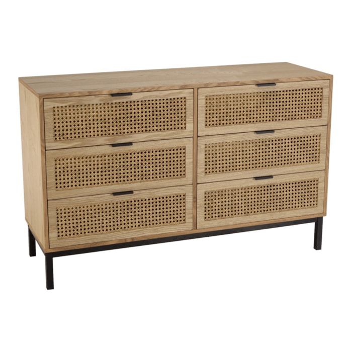 MARCEAU - Commode 6 tiroirs cannage naturel pieds métal noir