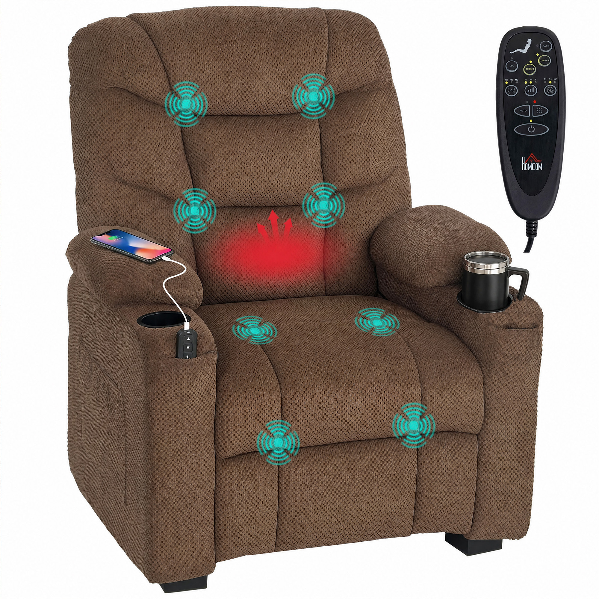 Sillón Relax Reclinable Eléctrico con Calor Lumbar y Masaje Vibración, Sillón Masaje Relax, Motor Silencioso, Función Memoria, Asiento Ancho, Bolsillos, Portavasos, USB, Tela Terciopelo, Marrón