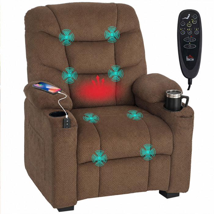 Sillón Relax Reclinable Eléctrico con Calor Lumbar y Masaje Vibración, Sillón Masaje Relax, Motor Silencioso, Función Memoria, Asiento Ancho, Bolsillos, Portavasos, USB, Tela Terciopelo, Marrón